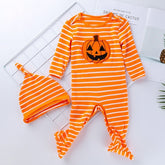 Halloween Baby Long-sleeved Striped Pumpkin Print One-piece Suit
